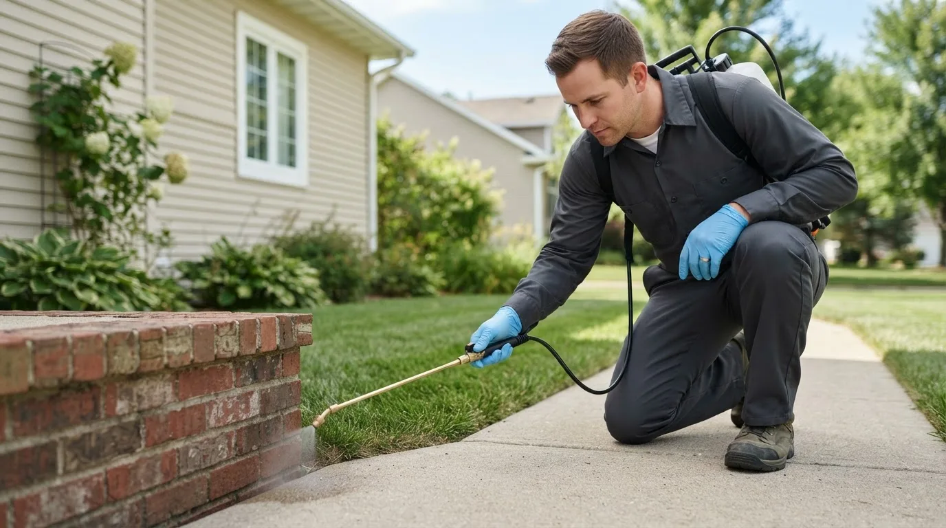 Pest control technician treating a home near Adamstown, PA