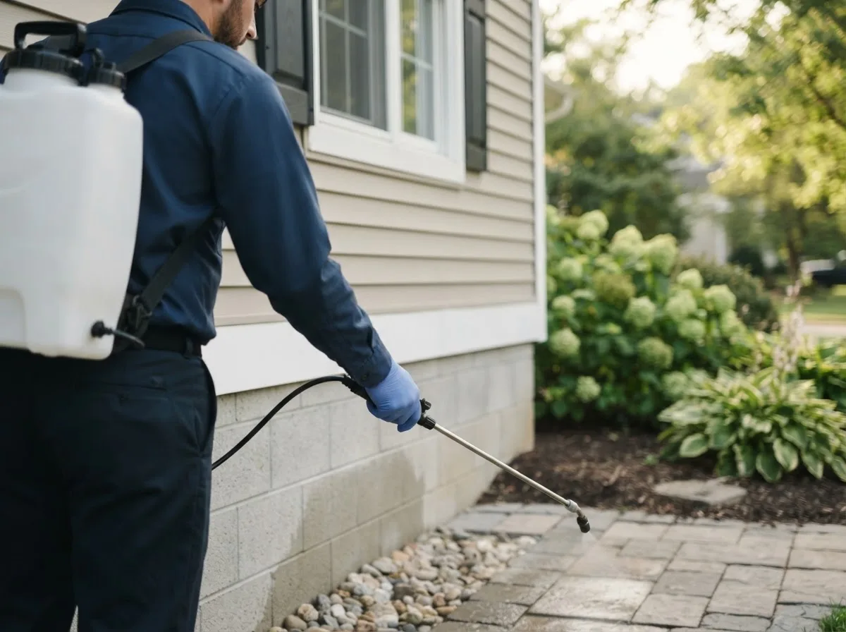 Pest control technician inspecting a home in Adamstown, PA